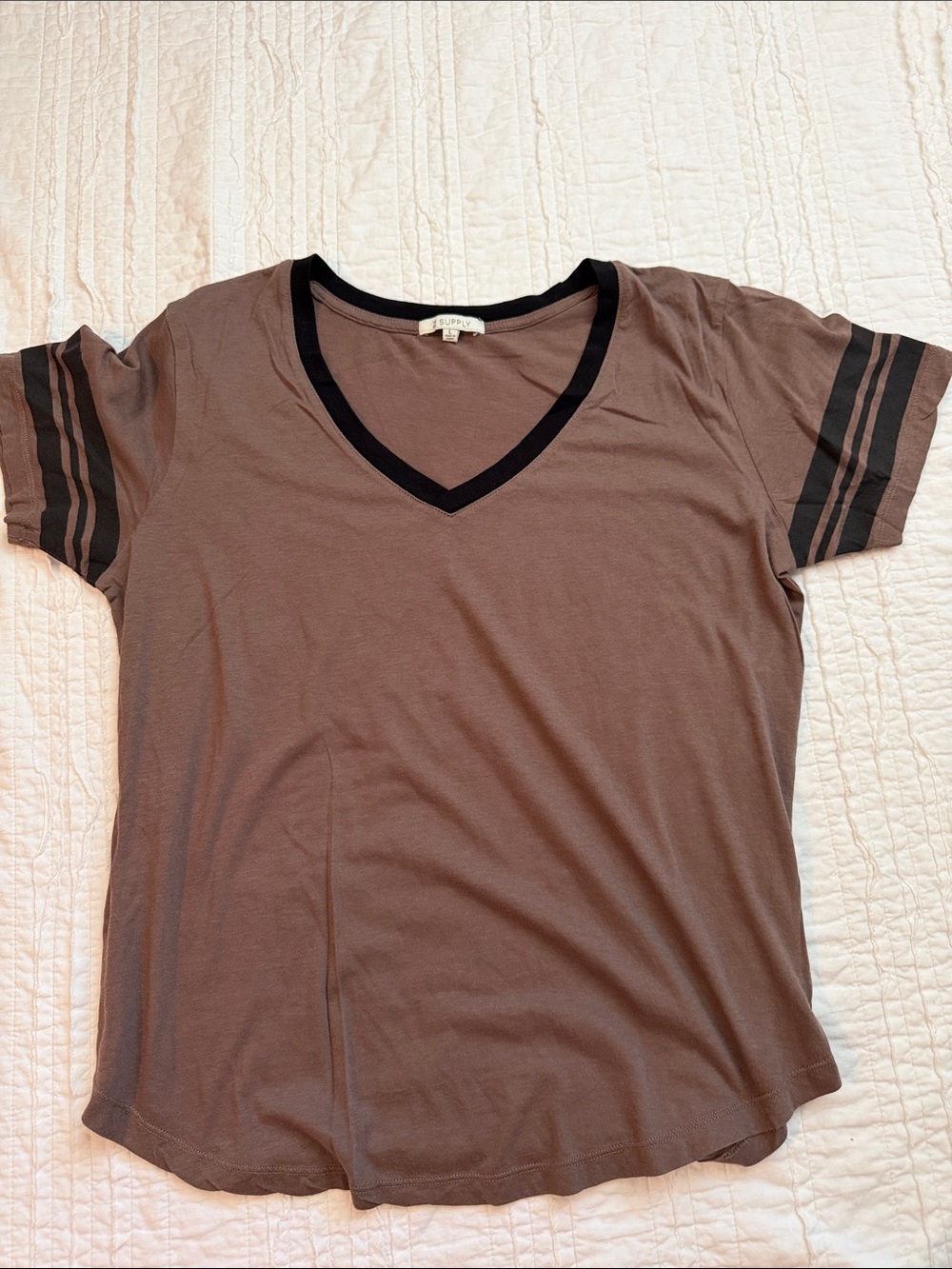 Z Supply Taupe V-Neck Short Sleeve Top with Black Trim